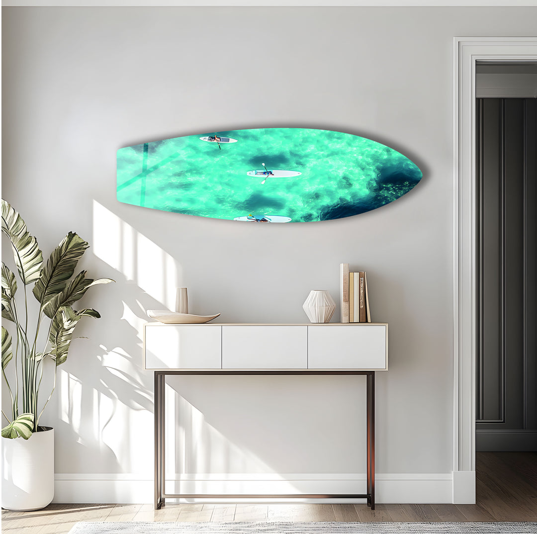 Glass Wall Art of Paddleboarders: Capture the beauty of paddleboarding on vibrant ocean waters with this stunning artwork.
