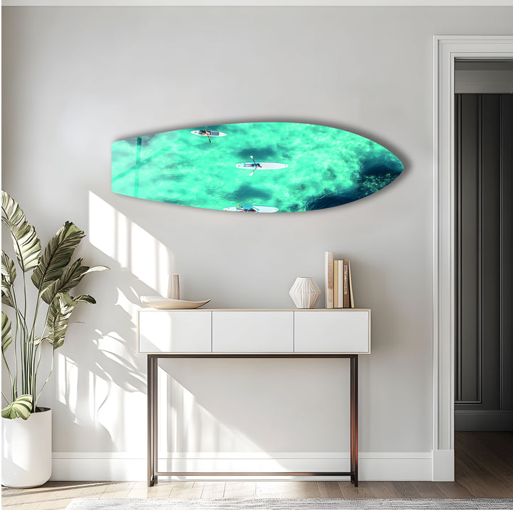 Glass Wall Art of Paddleboarders: Capture the beauty of paddleboarding on vibrant ocean waters with this stunning artwork.
