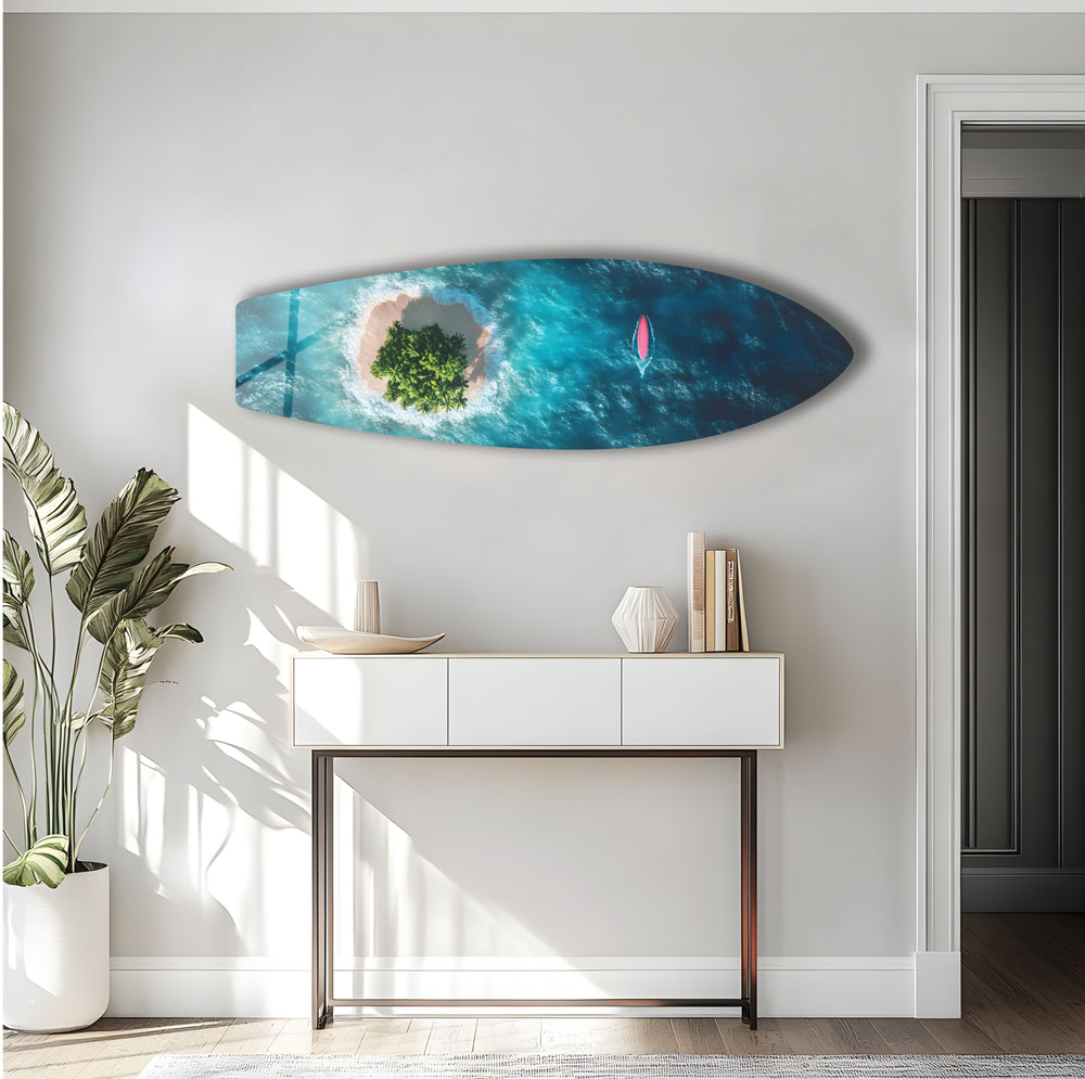 Serene tropical island landscape on glass, bringing the beauty of the ocean to your home.
