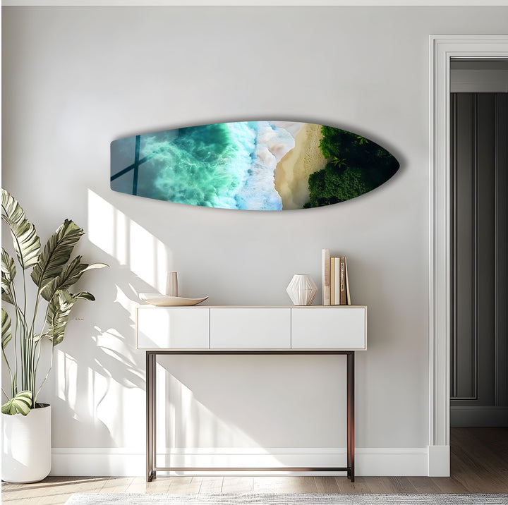 Dynamic beach art featuring ocean waves and palm trees, giving your space a refreshing tropical feel.
