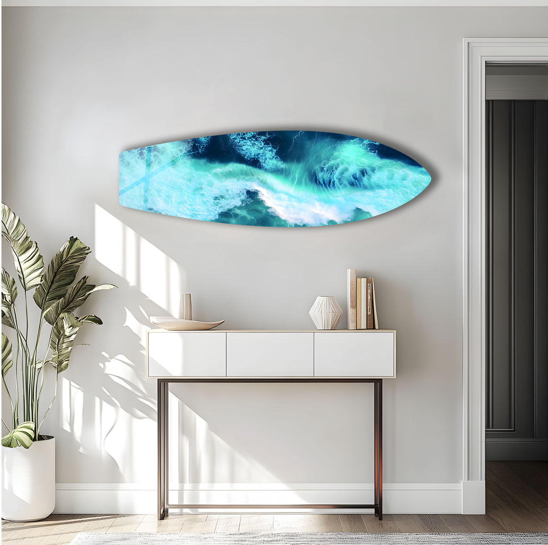 Dynamic waves and clear blue waters, perfectly captured in high-quality glass art, bringing a refreshing ocean vibe to any room.
