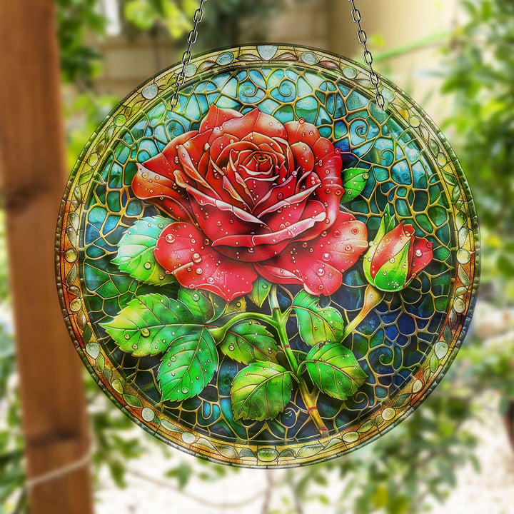 Pink Rose Stained  Suncatcher Add Color with Stained Glass Suncatchers for Home | Myphotostation
