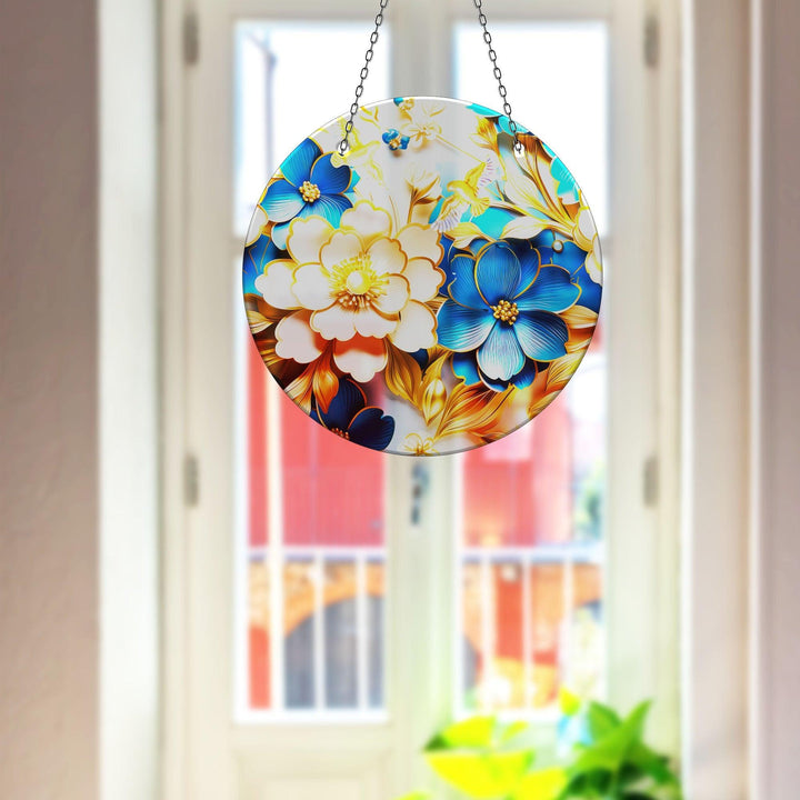 White- Blue Flowers Suncatcher Add Color with Stained Glass Suncatchers for Home | Myphotostation
