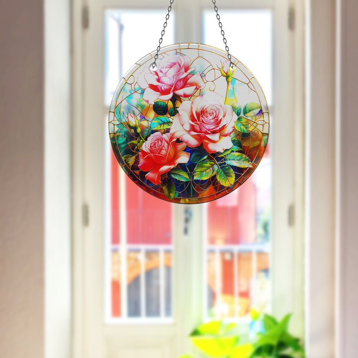 Pink Rose Stained  Suncatcher Colorful Sun | Myphotostation 
