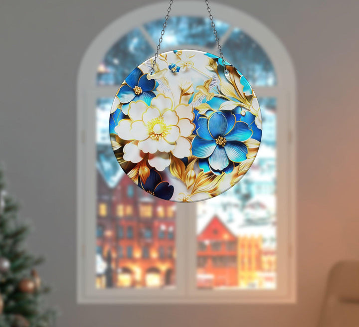 White- Blue Flowers Suncatcher Tempered Glass | Myphotostation
