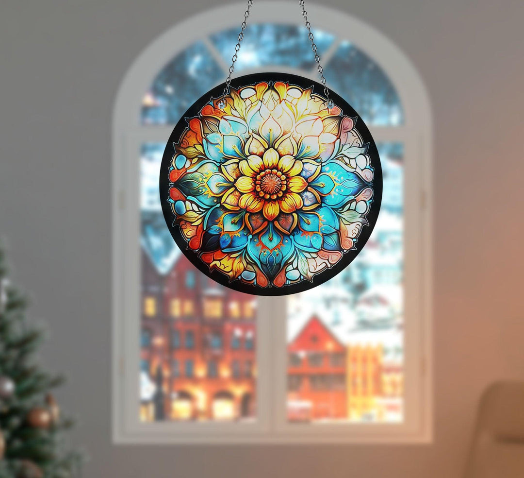 Orange Stained Flower Suncatcher Elegant Tempered Glass Design for Windows | Myphotostation
