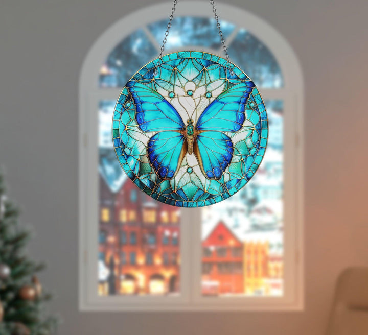 Shiny Blue Butterfly Suncatcher Elegant Tempered Glass Design for Windows | Myphotostation
