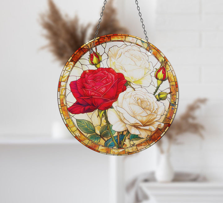 Red and White Rose Stained  Suncatcher Durable Tempered Glass | Myphotostation
