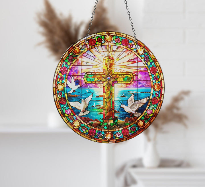 Peace Sign Jesus Suncatcher Elegant Tempered Glass Design for Windows | Myphotostation
