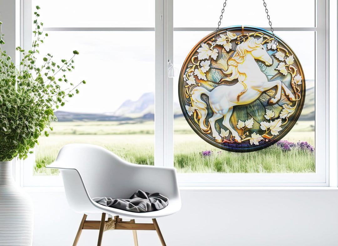 White Horse Stained Suncatcher Add Color with Stained Glass Suncatchers for Home | Myphotostation
