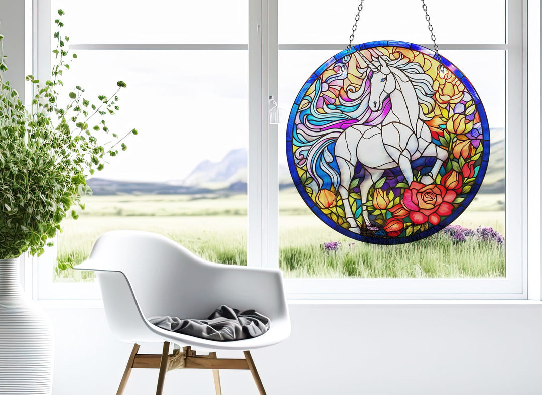 White Horse Stained Suncatcher Elegant Tempered Glass Design for Windows | Myphotostation
