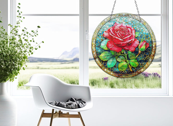 Pink Rose Stained  Suncatcher Durable Tempered Glass | Myphotostation
