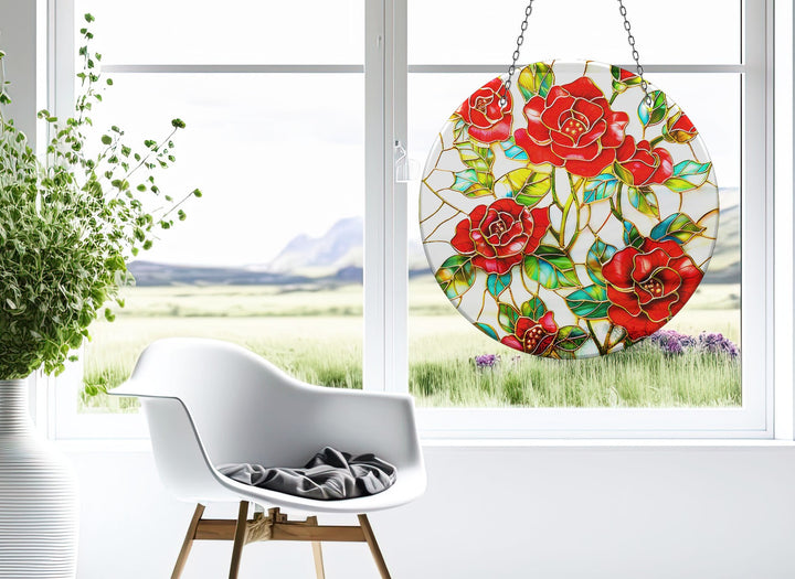 Red Roses Stained  Suncatcher Elegant Tempered Glass Design for Windows | Myphotostation
