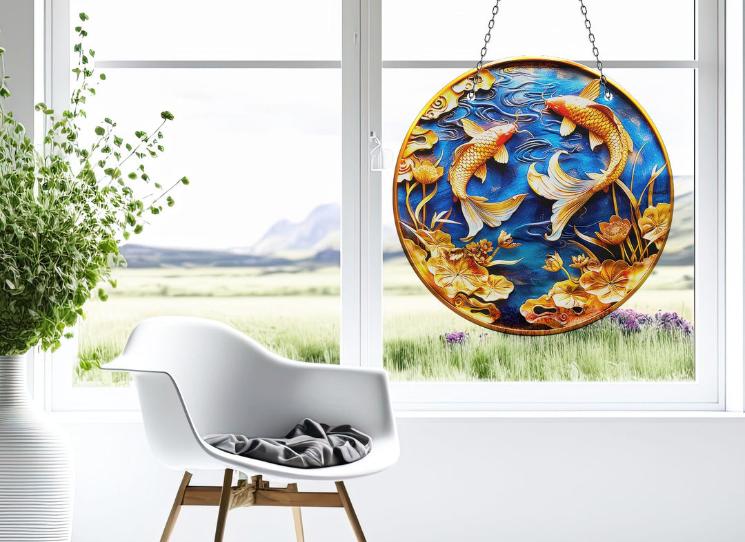 Koi Fish Blue Suncatcher Decor Durable Tempered Glass | Myphotostation
