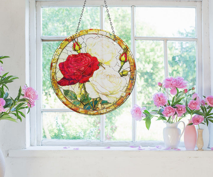 Red and White Rose Stained  Suncatcher Add Color with Stained Glass Suncatchers for Home | Myphotostation
