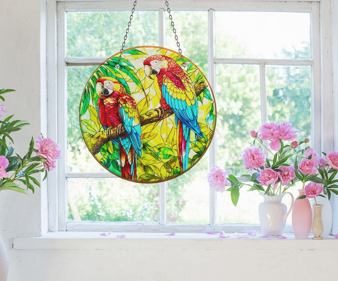 Colorful Parrots Suncatcher Decor Vibrant Stained Glass Suncatchers for Windows | Myphotostation
