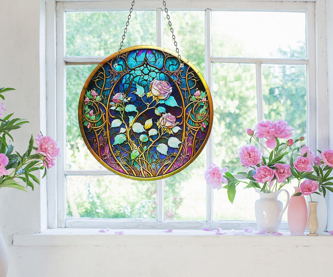 Pink Roses Stained Suncatcher Brighten Any Space with Glass Suncatchers | Myphotostation
