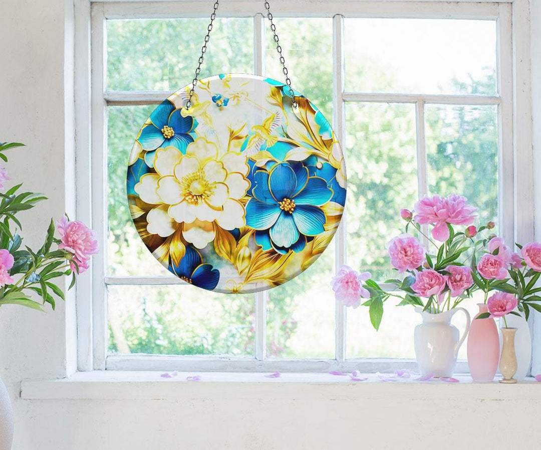 White- Blue Flowers Suncatcher Vibrant Stained Glass Suncatchers for Windows | Myphotostation
