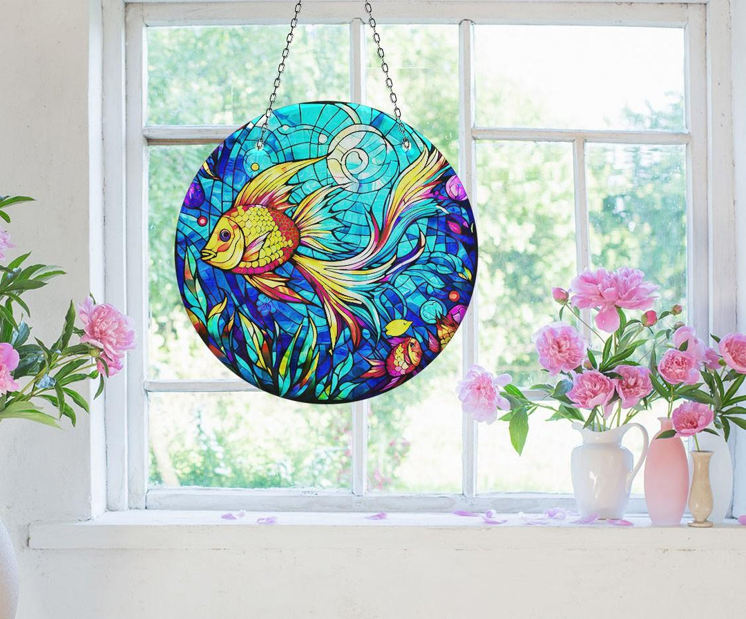 Gold Fish Suncatcher Decor Vibrant Stained Glass Suncatchers for Windows | Myphotostation
