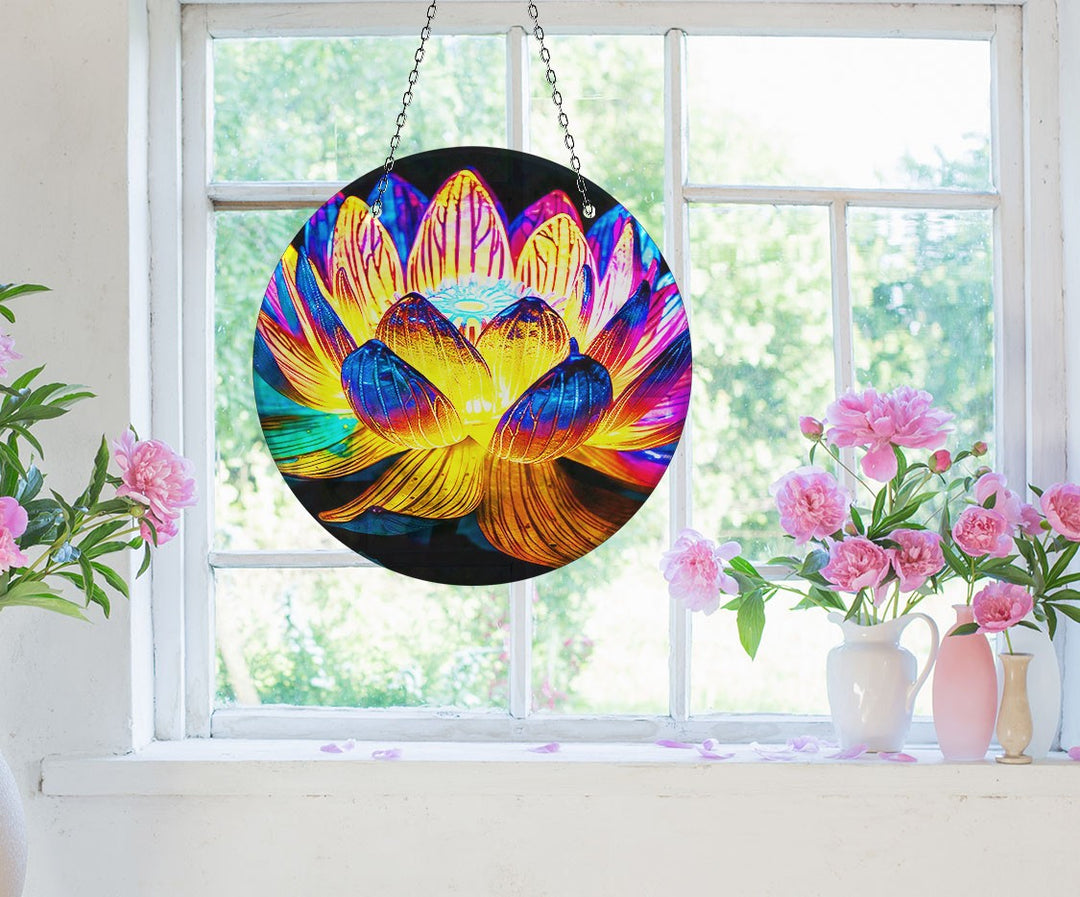 Orange Lotus Suncatcher Decor Elegant Tempered Glass Design for Windows | Myphotostation
