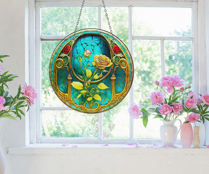 Yellow Rose Stained Suncatcher Elegant Tempered Glass Design for Windows | Myphotostation
