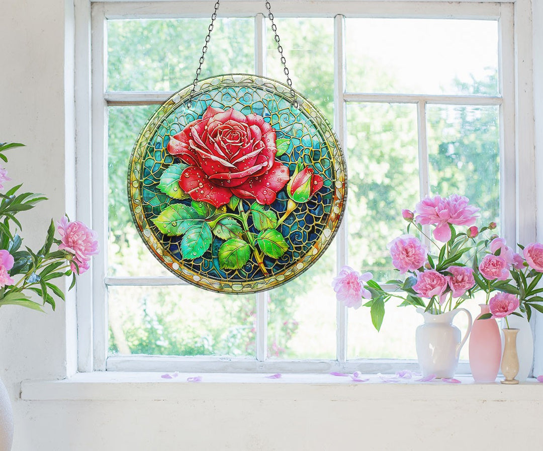 Pink Rose Stained  Suncatcher Sun Catcher for Window | Myphotostation
