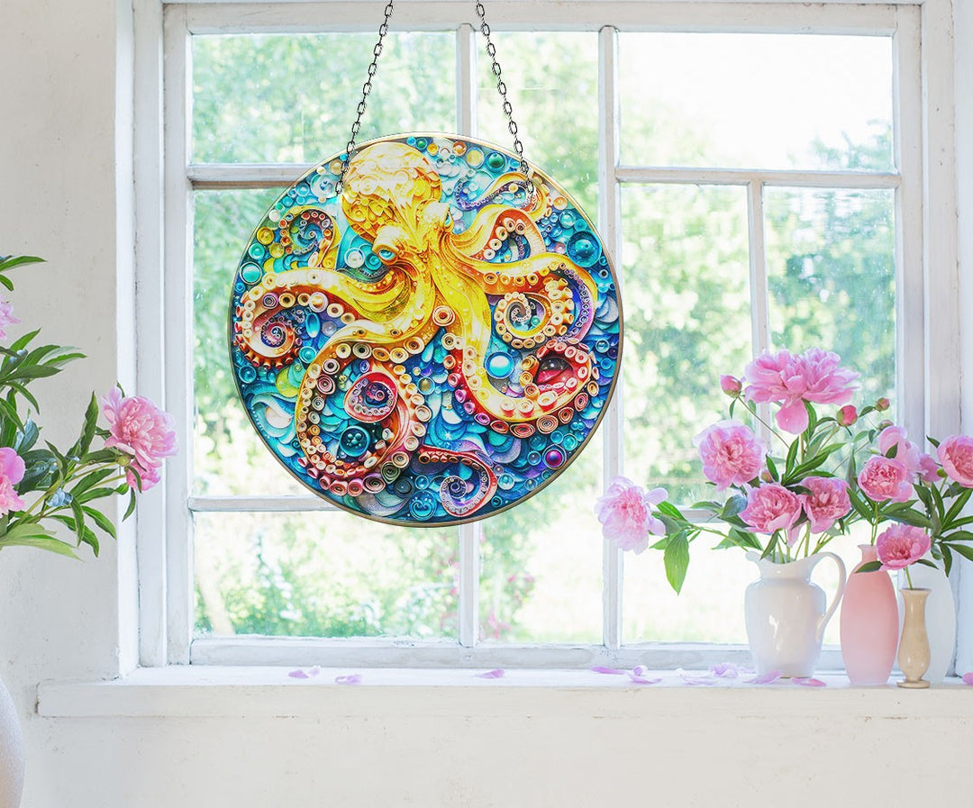 Orange Octopus Suncatcher Tempered Glass | Myphotostation
