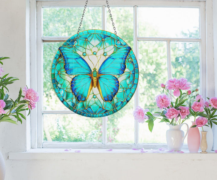 Shiny Blue Butterfly Suncatcher Vibrant Stained Glass Suncatchers for Windows | Myphotostation
