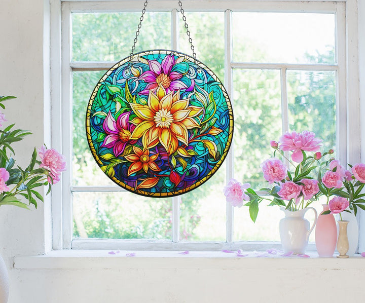 Yellow Flower Botanical Suncatcher Decor Vibrant Stained Glass Suncatchers for Windows | Myphotostation
