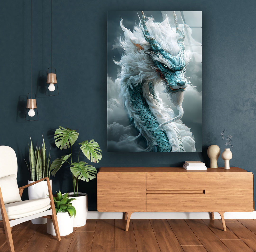 Stormy dragon portrait with electric blue tones and swirling clouds.
