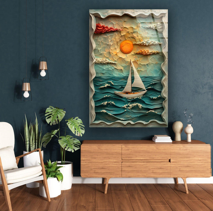 Sunset & Boat Clay Glass Wall Art picture on glass wall art, photos printed on glass
