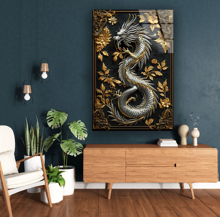 Stunning dragon wall art featuring silver scales and golden embellishments.
