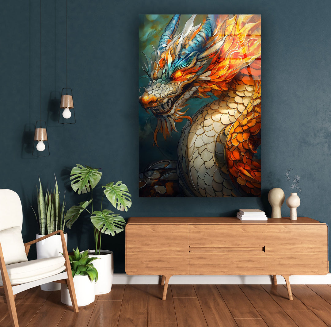 Powerful dragon with blazing flames and glowing orange scales in a fiery masterpiece.
