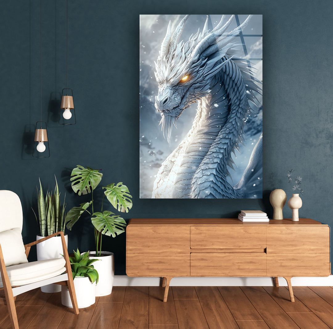 Stunning glass wall art of a legendary white dragon in a frozen realm.
