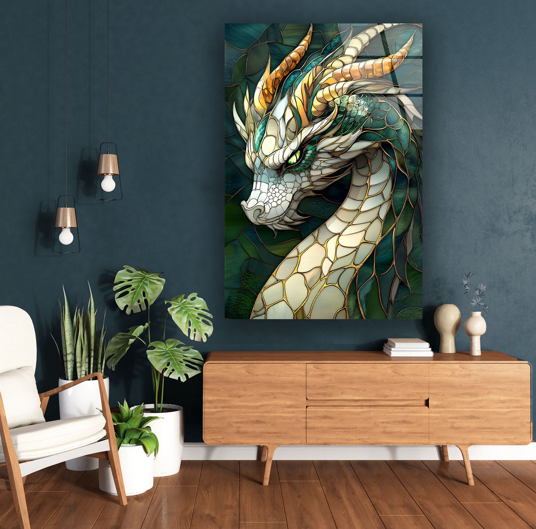 Stunning dragon art in stained glass style, combining vibrant colors and mythical elegance.
