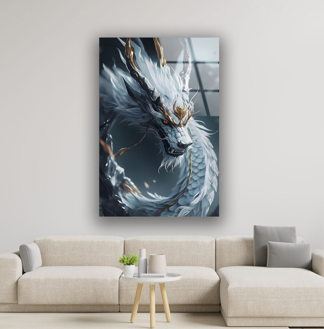 Powerful white dragon art, featuring golden horns and an air of mystery.
