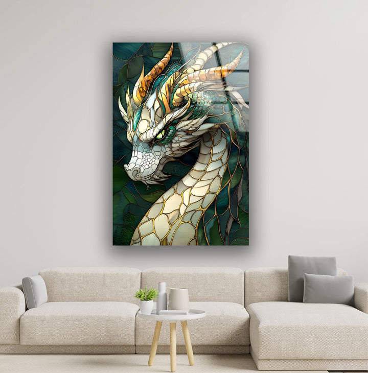 Beautiful stained glass dragon with intricate scales in shades of green and blue.
