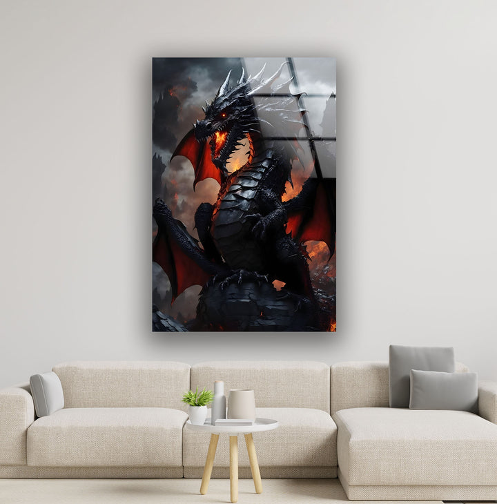 Epic dragon in full roar, surrounded by flames in a dramatic fiery landscape.
