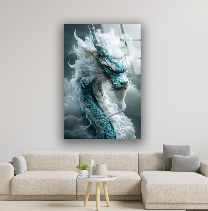 Epic dragon art featuring a mythical creature in the midst of a stormy sky.
