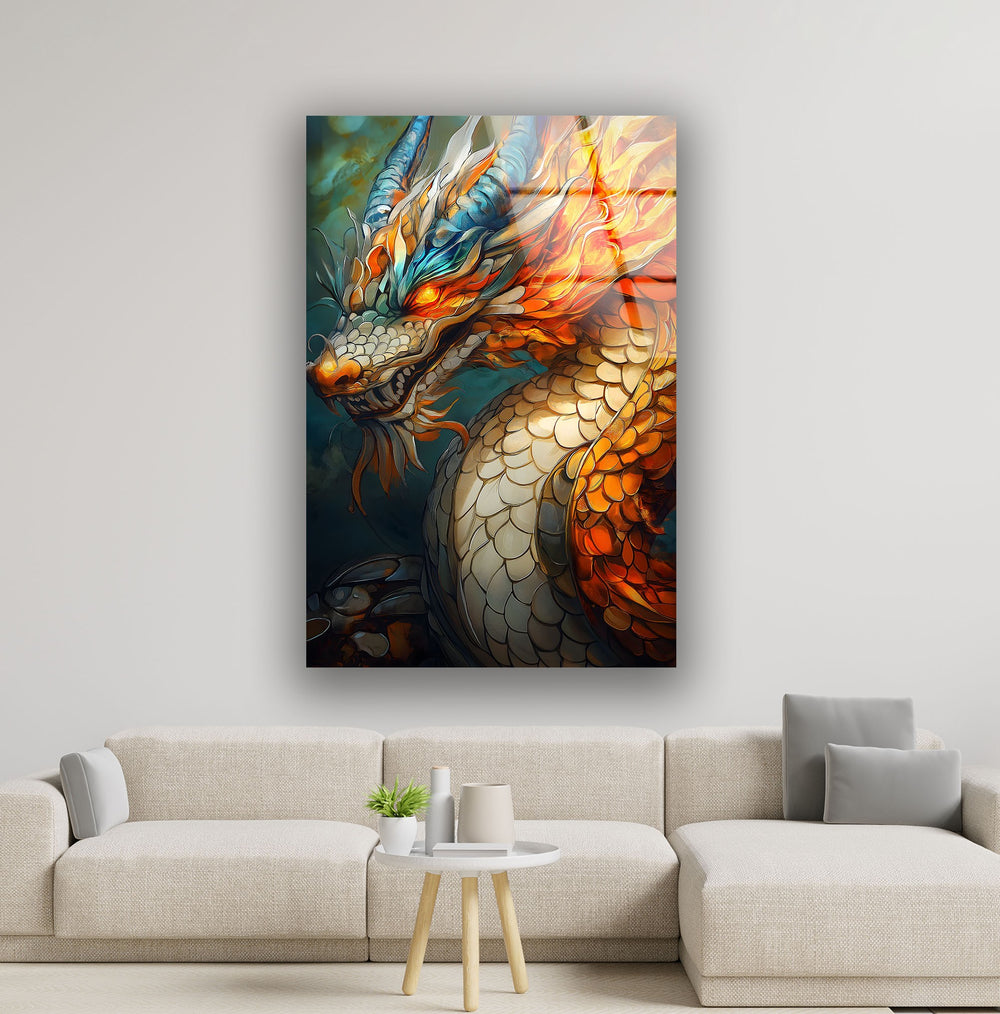 Majestic dragon artwork with fiery colors and intricate details in a mythical style.
