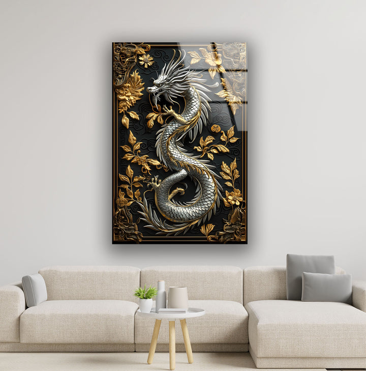 Majestic golden dragon intertwined with floral patterns in a luxury art piece.
