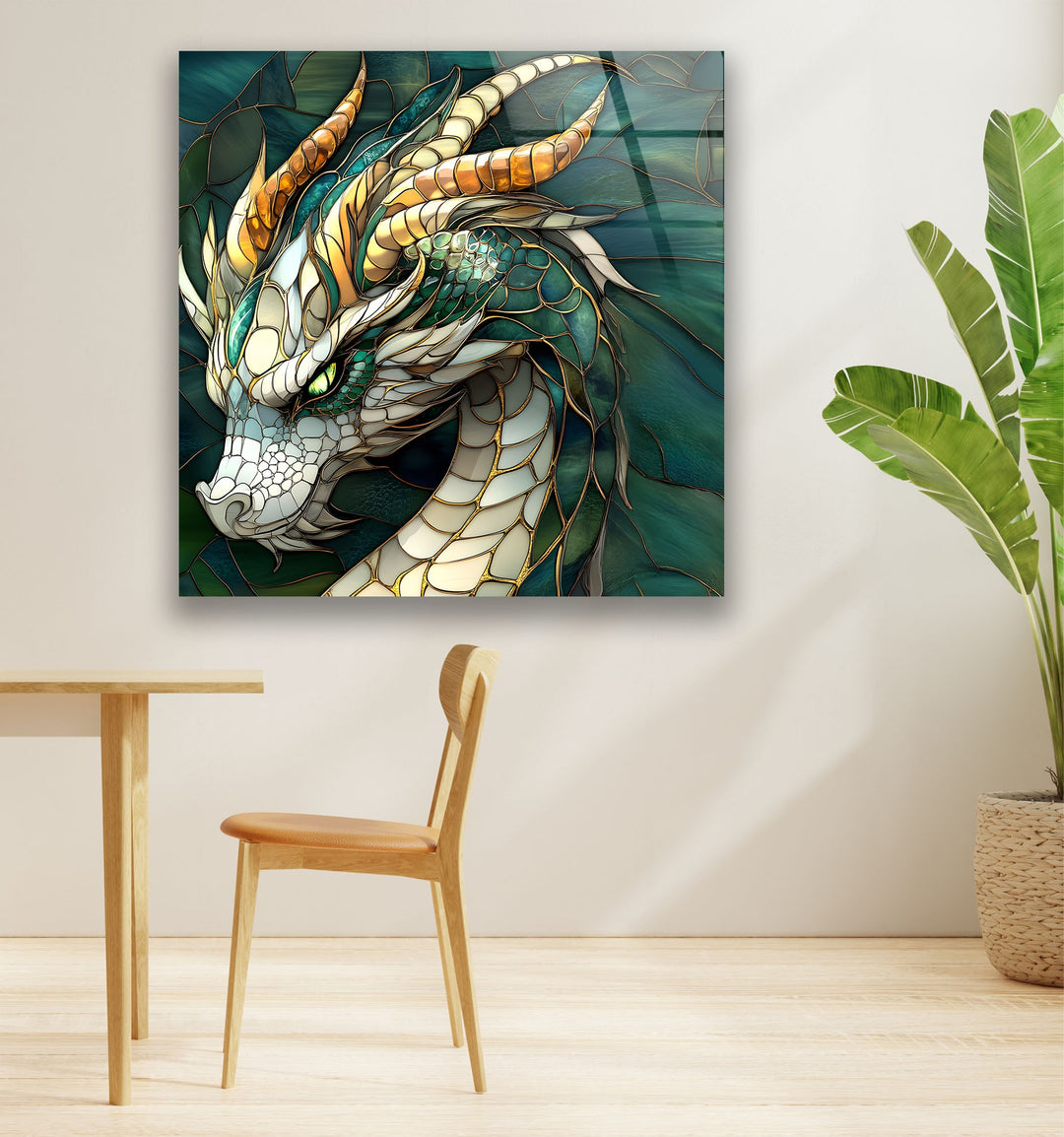 Fantasy-inspired stained glass dragon, a stunning blend of greens, blues, and gold.
