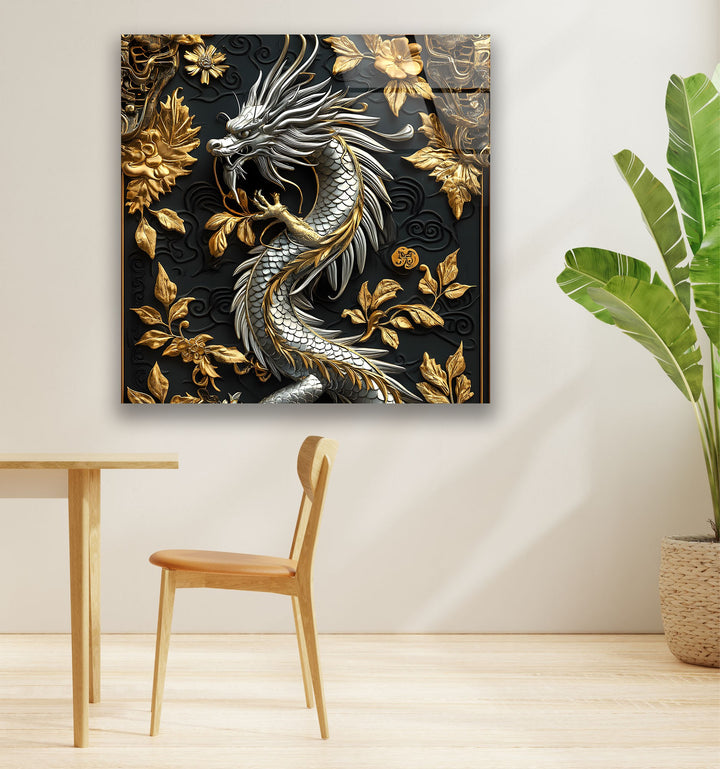 Golden dragon with swirling floral patterns, perfect for elegant interiors.
