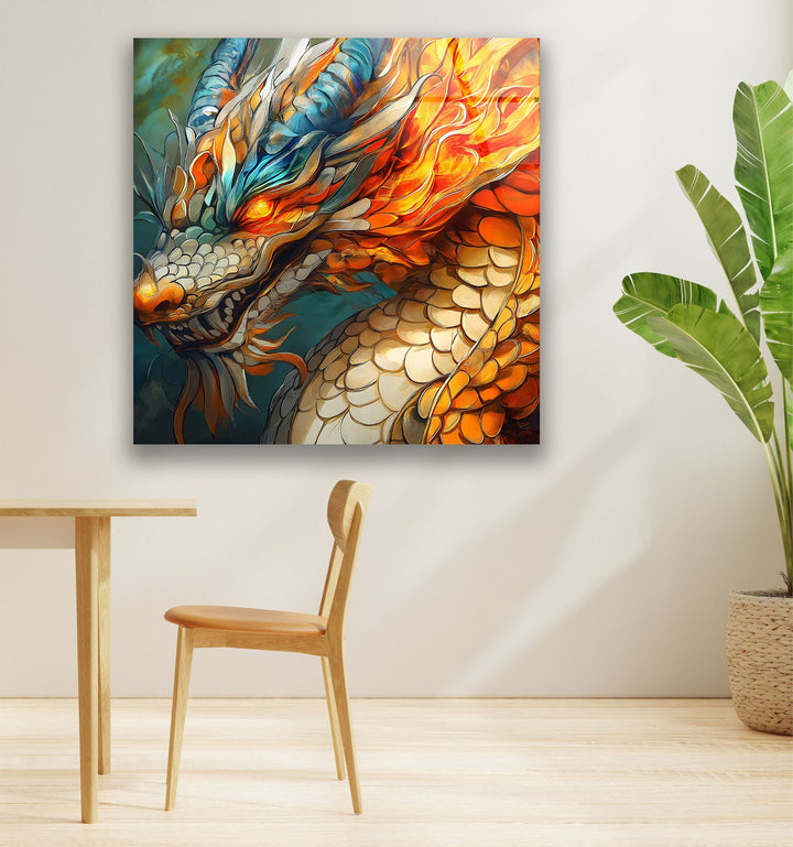 Dynamic dragon wall art with fiery tones and an aura of power and energy.
