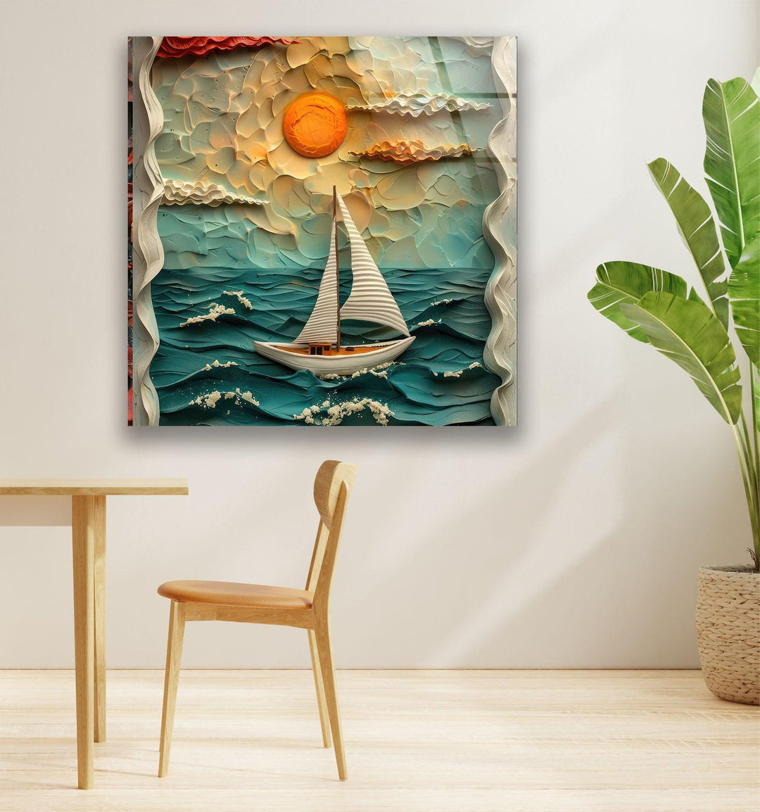 Sunset & Boat Clay Glass Wall Art large glass photo prints, glass wall photos
