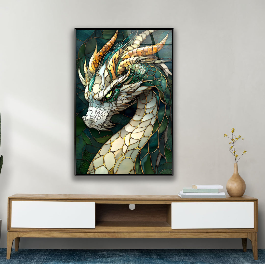 Elegant stained glass artwork of a mythical dragon with vibrant, detailed colors.
