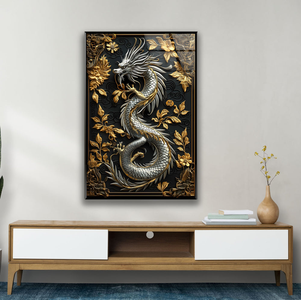 Elegant silver and gold dragon design on glass wall art for sophisticated decor.
