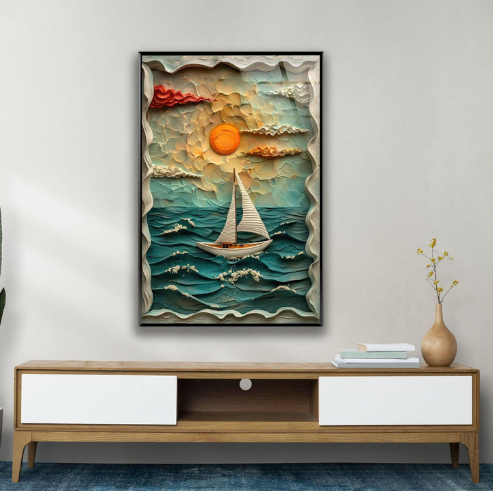 Sunset & Boat Clay Glass Wall Art photo print on glass, prints on glass wall art
