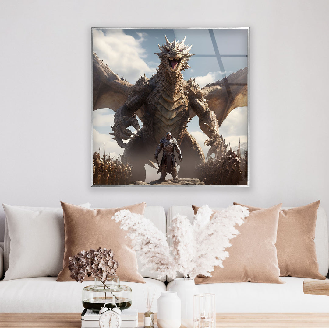 Mythical dragon towers over a warrior in this epic art piece of battle and bravery.
