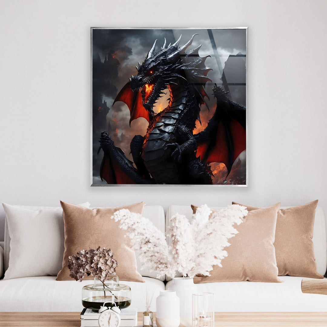 Powerful dragon standing in a volcanic landscape, with fiery breath and glowing features.
